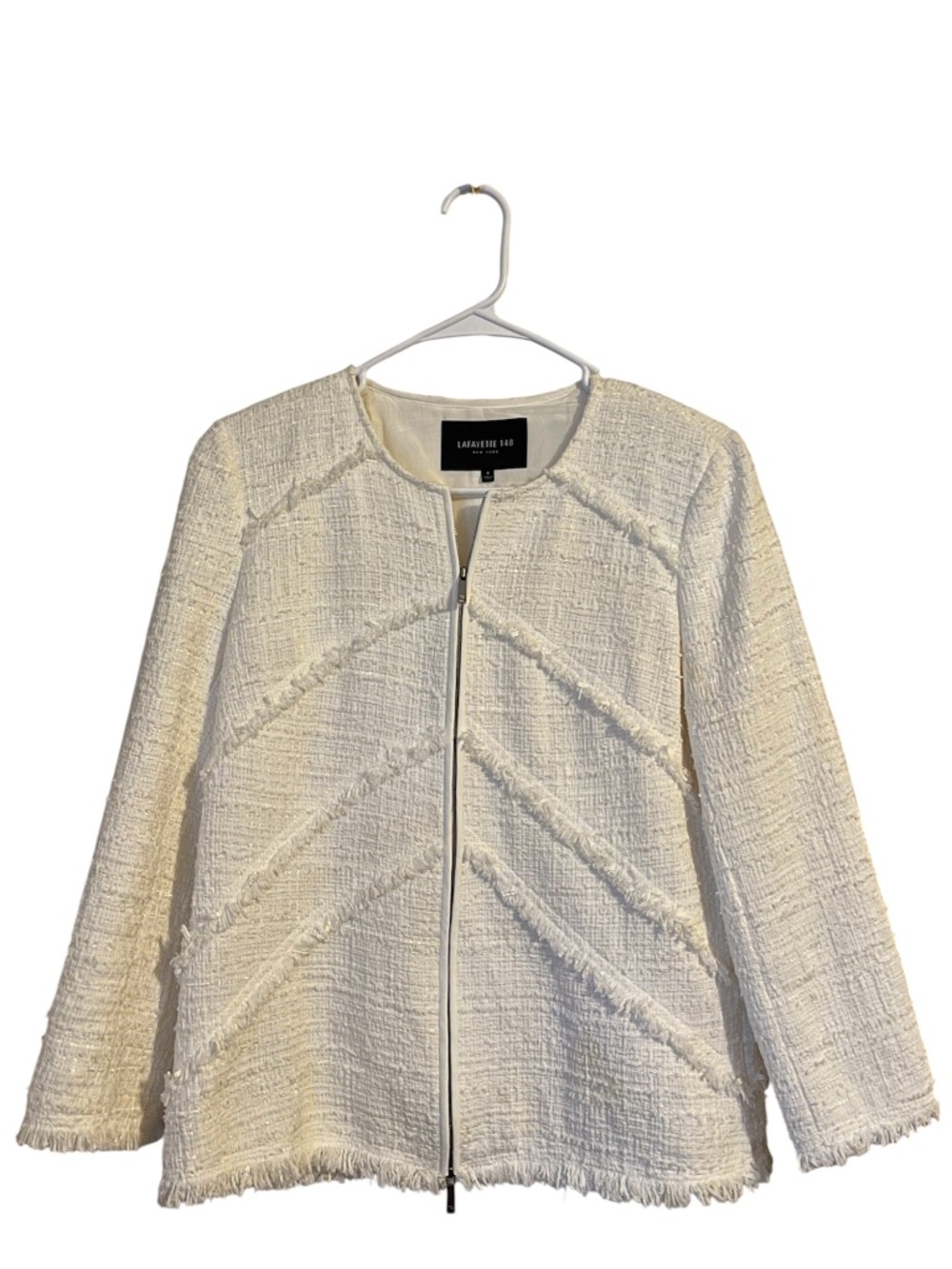 Lafayette 148 NY Women Cream Textured Fringe Tweed Zip Front Luxury Jacket Sz-4